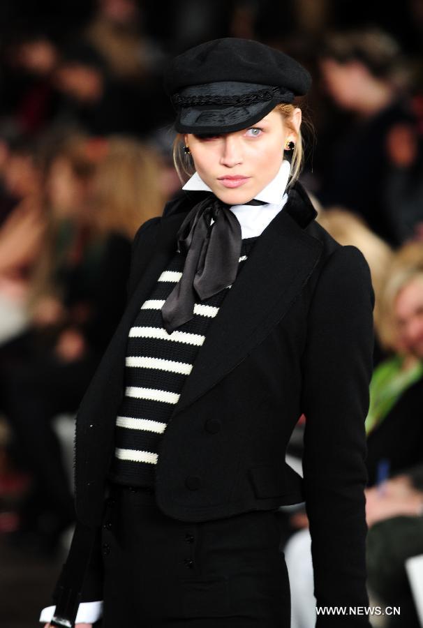 A model presents a creation of Ralph Lauren at the 2013 Fall collection of the Mercedes-Benz Fashion Week in New York, Feb. 14, 2013. (Xinhua/Deng Jian) 