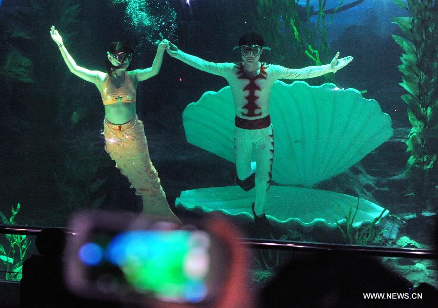 An actor and an actress perform at Qingdao Underwater World in Qingdao, east China's Shandong Province, Feb. 15, 2013. During the Spring Festival holidays, an underwater performance telling the story of a mermaid and a prince attracted many visitors in Qingdao. Visual, audio and electronical technologies were applied to the performance. (Xinhua/Li Ziheng) 