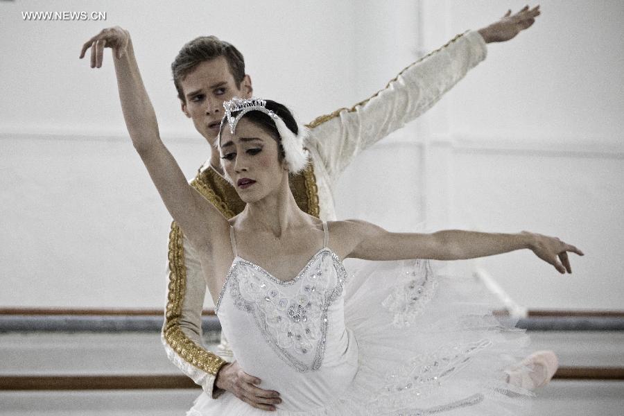The dancers of the National Dance Company, Lorena Kesseler (Front) and Jesse Inglis (Back), participate in a rehearsal of the work "Swan Lake", of the composer Piotr Ilich Tchaikovsky, in Mexico City, capital of Mexico, on Feb. 15, 2013. The perfomance will be given in the islet of the Chapultepec Lake of Mexico City from March 1 to March 31, 2013. (Xinhua/Rodrigo Oropeza)