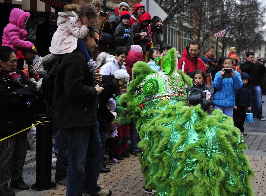 Lion dance performers march during a parade to celebrate the traditonal Chinese Lunar New Year in Rockville, Maryland, the United States, Feb. 16, 2013. (Xinhua/Wang Yiou) 