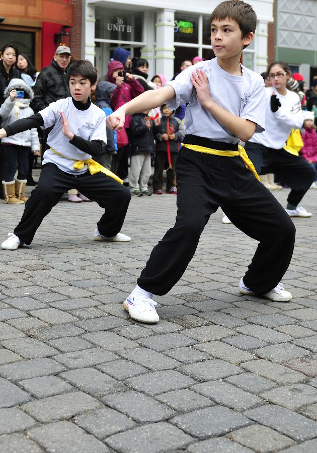 Children perform Chinese martial arts during a parade to celebrate the traditonal Chinese Lunar New Year in Rockville, Maryland, the United States, Feb. 16, 2013. (Xinhua/Wang Yiou) 