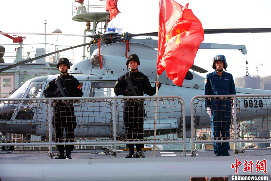 The 14th naval squad, sent by the Chinese People's Liberation Army (PLA) Navy, departed Saturday from China to the Gulf of Aden and Somali waters for escort missions. The 14th convoy fleet comprises three ships -- the missile destroyer Harbin, the frigate Mianyang and the supply ship Weishanhu -- carrying two helicopters and a 730-strong troop, all from the North China Sea Fleet under the PLA Navy.（CNS/Xu Chongde）