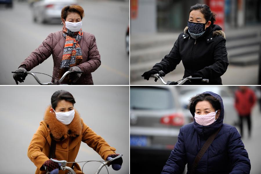 Combo photo shows citizens wearing face masks in fog-shrouded Yinchuan, capital of northwest China's Ningxia Hui Autonomous Region, Feb. 17, 2013. (Xinhua/Li Ran)
