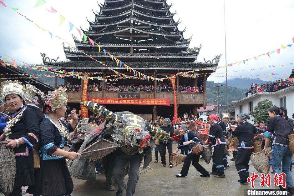 People of Dong ethnic minority perform whipping grass cattle to pray for a good harvest. (Chinanews.com/Xie Lungan)