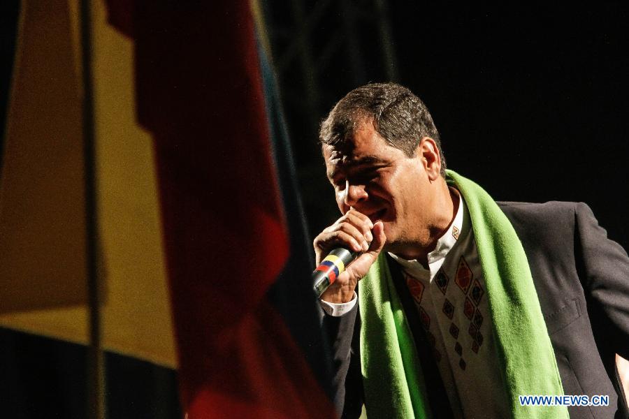  Ecuador's President Rafael Correa celebrates his virtual re-election, in Quito, capital of Ecuador, on Feb. 17, 2013. Ecuadorian President Rafael Correa was re-elected in Sunday's elections, according to preliminary results. (Xinhua/Jhon Paz) 