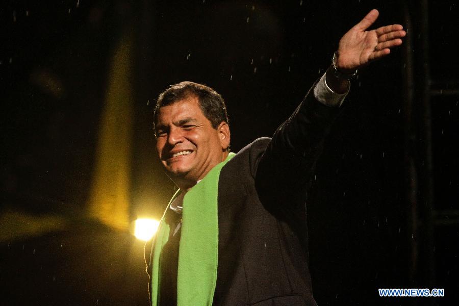  Ecuador's President Rafael Correa celebrates his virtual re-election, in Quito, capital of Ecuador, on Feb. 17, 2013. Ecuadorian President Rafael Correa was re-elected in Sunday's elections, according to preliminary results. (Xinhua/Jhon Paz) 