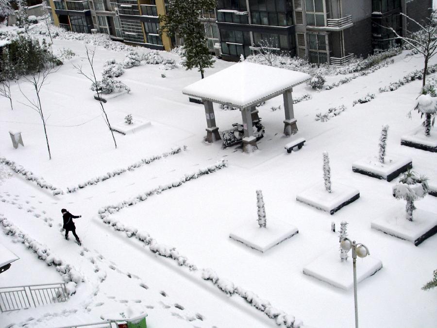 A citizen walks on a snowy road in Nanjing, capital of east China's Jiangsu Province, Feb. 19, 2013. A snowstorm hit Jiangsu province on Feb. 19 morning and local meteorological bureau has issued a blue alert for the snowfall. (Xinhua/Wang Yuewu) 