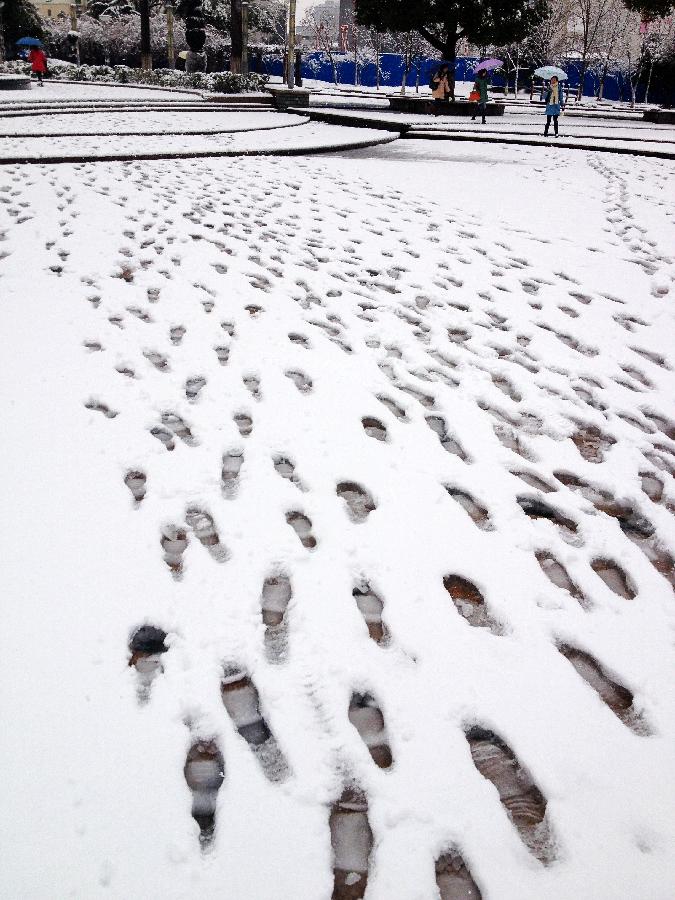 A snowy road is printed with footprints after snowfall in Suzhou, east China's Jiangsu Province, Feb. 19, 2013. A snowstorm hit Jiangsu province on Feb. 19 morning and local meteorological bureau has issued a blue alert for the snowfall. (Xinhua/Li Junfeng) 