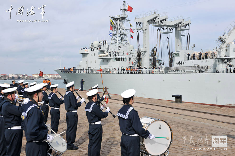 The 14th escort taskforce under the Navy of the Chinese People's Liberation Army (PLA) set sail under the leadership of Rear Admiral Yuan Yubai, chief of staff of the North China Sea Fleet of the PLA Navy, from a military port in Qingdao in east China's Shandong province to the Gulf of Aden at 9:30 a.m. on February 16, 2013. The 14th escort taskforce consists of the "Harbin" guided missile destroyer, the "Mianyang" guided missile frigate and the "Weishan Lake" comprehensive supply ship.  (China Military Online/Wang Songqi)