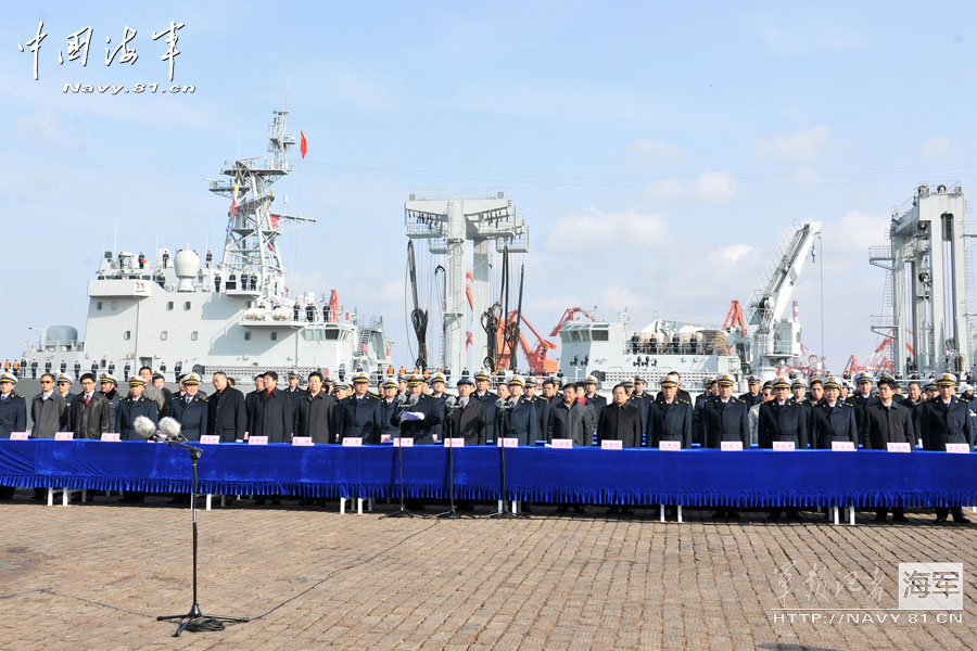 The 14th escort taskforce under the Navy of the Chinese People's Liberation Army (PLA) set sail under the leadership of Rear Admiral Yuan Yubai, chief of staff of the North China Sea Fleet of the PLA Navy, from a military port in Qingdao in east China's Shandong province to the Gulf of Aden at 9:30 a.m. on February 16, 2013. The 14th escort taskforce consists of the "Harbin" guided missile destroyer, the "Mianyang" guided missile frigate and the "Weishan Lake" comprehensive supply ship. The photo shows the scene of the seeing-off ceremony attended by the leaders from the military and civilian organizations. (China Military Online/Wang Songqi)