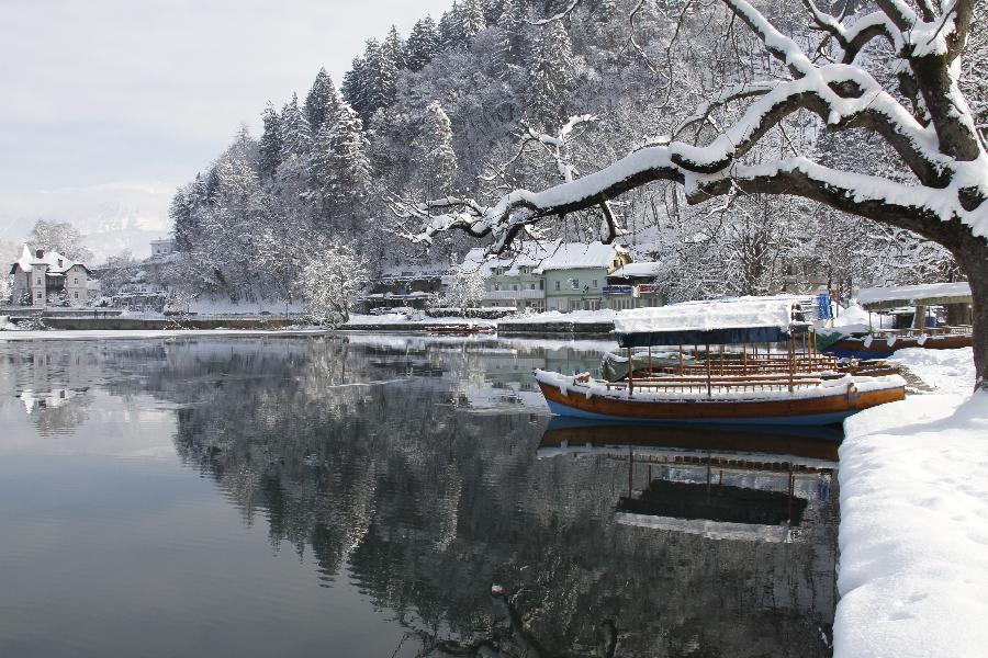 A snow-covered dock is seen at Lake Bled in northwestern Slovenia, Feb. 23, 2013. A heavy snowfall on Friday night shrouded the beautiful glacial lake, a popular tourist destination about 55km from the capital city Ljubljana. (Xinhua/Zhao Yi) 