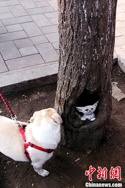 Student painter Wang Yue shows her talent by painting tree holes in Shijiazhuang, capital city of Hebei Province. (Photo/CNS)