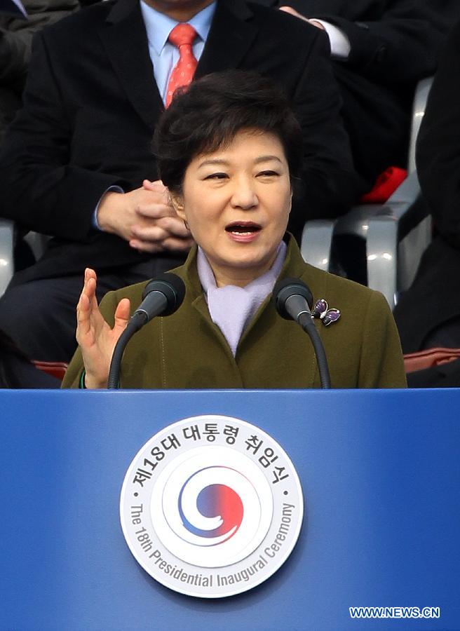 South Korean President Park Geun-hye delivers a speech during her inauguration ceremony in Seoul, South Korea, Feb. 25, 2013. Park Geun-hye, the daughter of South Korea's late military strongman Park Chung-Hee, was sworn in as the country's first female president on Monday. (Xinhua/Park Jin Hee)