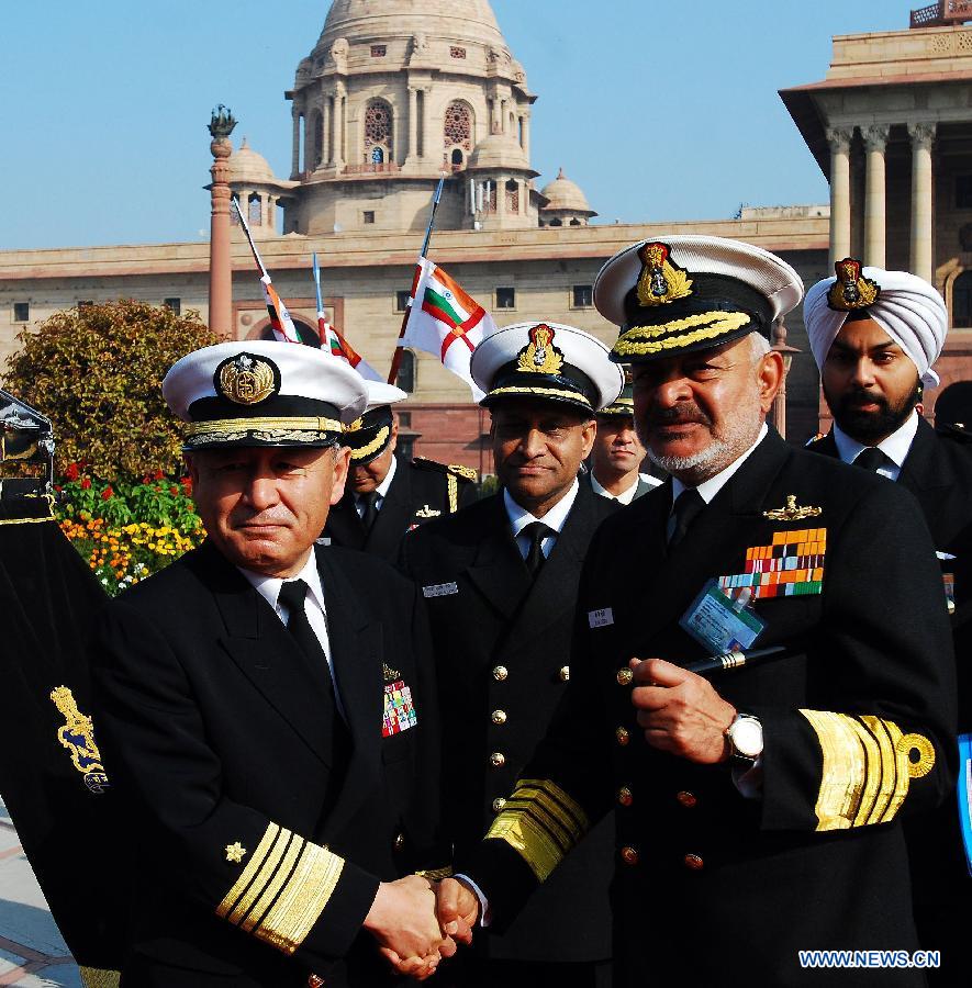 Chief of the Indian Naval Staff Admiral DK Joshi (2nd R) shakes hands with his Japanese counterpart Admiral Katsutoshi Kawano (1st L) prior to a meeting at Indian Defence Head Quarters in New Delhi, India, Feb. 25, 2013. (Xinhua/Partha Sarkar) 