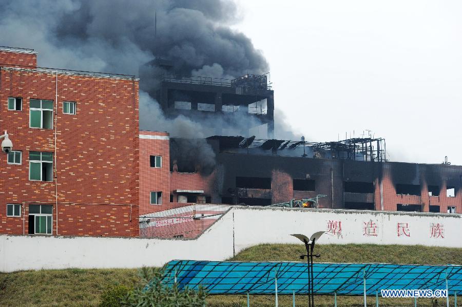 Photo taken on Feb. 25, 2013 shows the scene of a chemical plant blast in Baiyun District of Guiyang, capital of southwest China's Guizhou Province. At least five people were injured in a chemical plant explosion in Guiyang on Monday morning. Part of the plant, which belongs to Bestchem, a local chemical company, was still burning by noon. Firefighters have been deployed to the blast scene while local environmental authorities are keeping an eye on the air quality. (Xinhua/Liu Xu) 