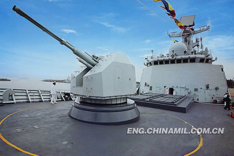 The picture shows a scene of a 76mm main gun of the "Xuzhou" guided missile frigate. (Chinamil.com.cn /Qian Xiaohu and Fang Ting)