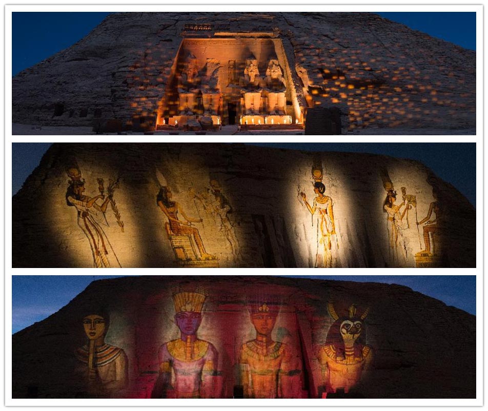 Photo taken on Feb. 21, 2013 shows the Sound and Light show at Abu Simbel Temple of ancient Egyptian King Ramses II in Aswan, Egypt. (Xinhua/Qin Haishi)