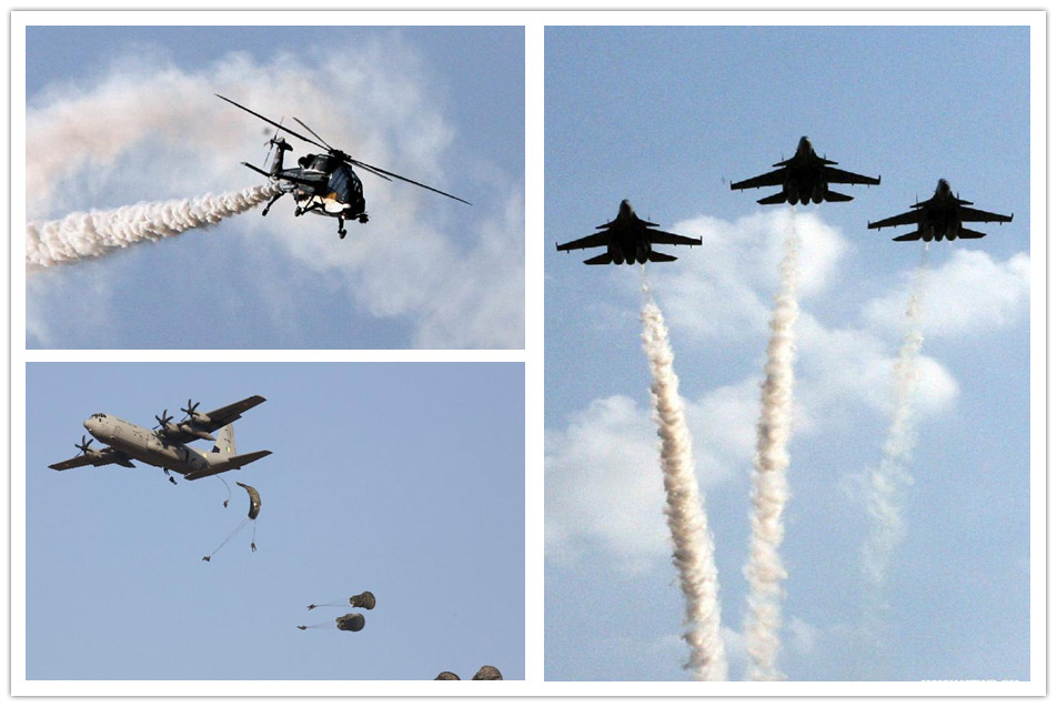 Photo taken on Feb. 21, 2013 shows aircrafts during the full dress rehearsal for the Indian Air Force's Iron Fist 2013 military exercise in Pokhran of the state of Rajasthan, India. (Xinhua/Stringer) 
