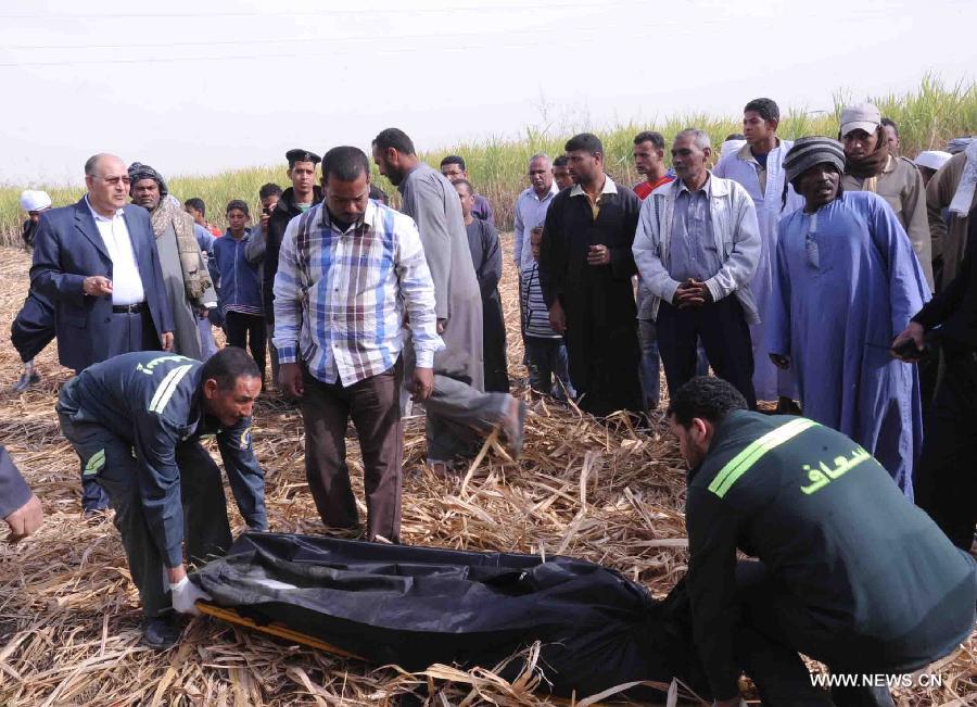 Rescue workers lift the body of one of the tourists who died after a hot air balloon crashed in Luxor, Egypt, on Feb. 26, 2013. Nine tourists from China's Hongkong were killed in a balloon explosion Tuesday morning in Egypt's Luxor governorate, a local health official told Xinhua. (Xinhua) 