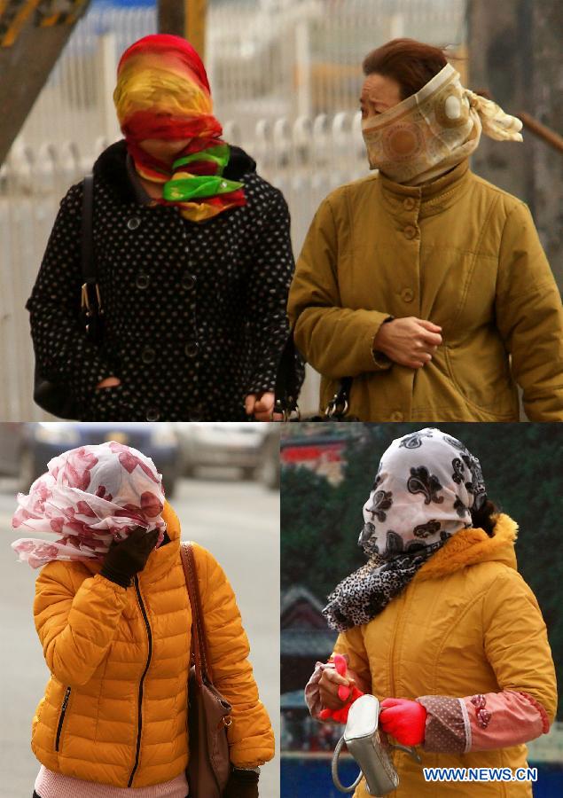 In this combination photo taken on Feb. 28, 2013, citizens wear scarves agaisnt strong wind and dust in Beijing, capital of China. Beijing was hit by heavy fog on Thursday morning. The fog led to reduced visibility and degenerated air quality. The city also issued high wind and haze alerts on the same day. (Xinhua/Xu Zijian)