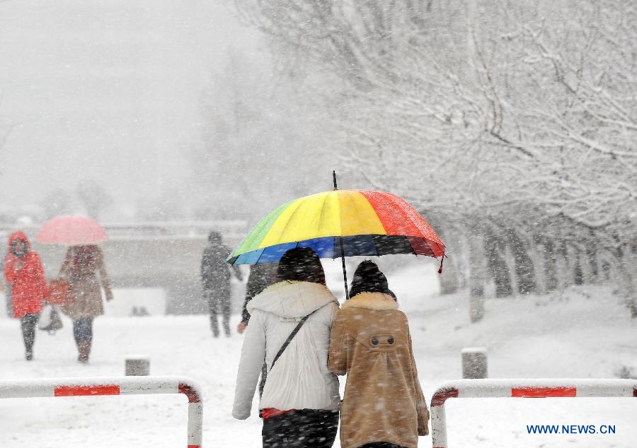 Pedestrians walk in snow in Shenyang, capital of northeast China's Liaoning Province, Feb. 28, 2013. Liaoning was hit by a snowstorm on Thursday. (Xinhua/Li Gang)