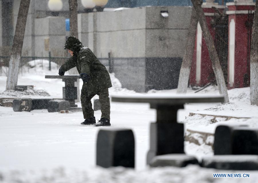 A man exercises in the snow in Harbin, capital of northeast China's Heilongjiang Province, Feb. 28, 2013. Most areas of Heilongjiang witnessed snowfall on Thursday. (Xinhua/Wang Kai) 