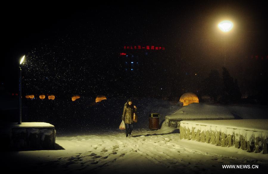 A woman walks at a snowy night in Changchun, capitalf of northeast China's Jilin Province, Feb. 28, 2013. Temperature in north China is forecasted to drop six to 12 degrees celcius due to a coming cold front while heavy snowfall may likely to hit the northeast provinces, accoding to China's National Meteorological Centre on Thursday. (Xinhua/Xu Chang)