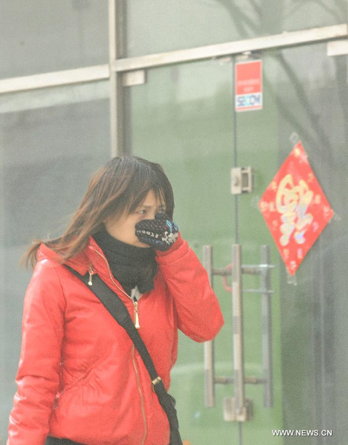 A pedestrian covers her mouth with a hand as she walks amid dust and sand in Beijing, capital of China, Feb. 28, 2013. A cold front blew away fog and smog which hit Beijing on Feb. 28 morning, but brought dust and sand from Mongolia and north China's Inner Mongolia Autonomous Region. (Xinhua/He Junchang)