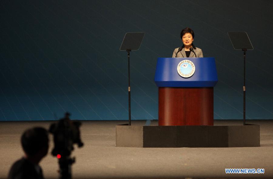 South Korean President Park Geun-hye delivers a speech during the 94th anniversary of the Independence Movement against Japanese colonial rule in 1919, at the Sejong Center for the Performing Arts in Seoul, South Korea, March 1, 2013. (Xinhua/Park Jin hee)