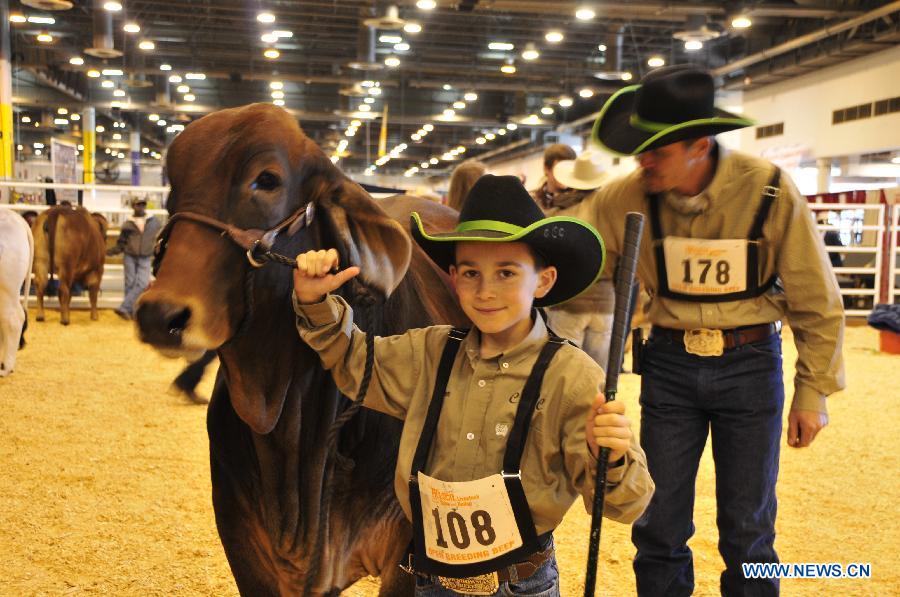 A young cowboy is ready for a rodeo in Houston, the United States, Feb. 28, 2013. Houston Live Stock Show and Rodeo is held during Feb. 25 to March 17 in Reliant Park in Houston, which is a city of rodeo culture. The rodeo was held yearly since 1932, and has become the biggest rodeo in the world. (Xinhua/Zhang Yongxing)