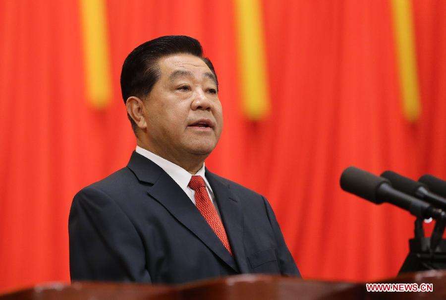 Jia Qinglin delivers a report on the work of the Chinese People's Political Consultative Conference (CPPCC) National Committee's Standing Committee at the first session of the 12th CPPCC National Committee at the Great Hall of the People in Beijing, capital of China, March 3, 2013. The first session of the 12th CPPCC National Committee opened in Beijing on March 3.(Xinhua/Liu Weibing)