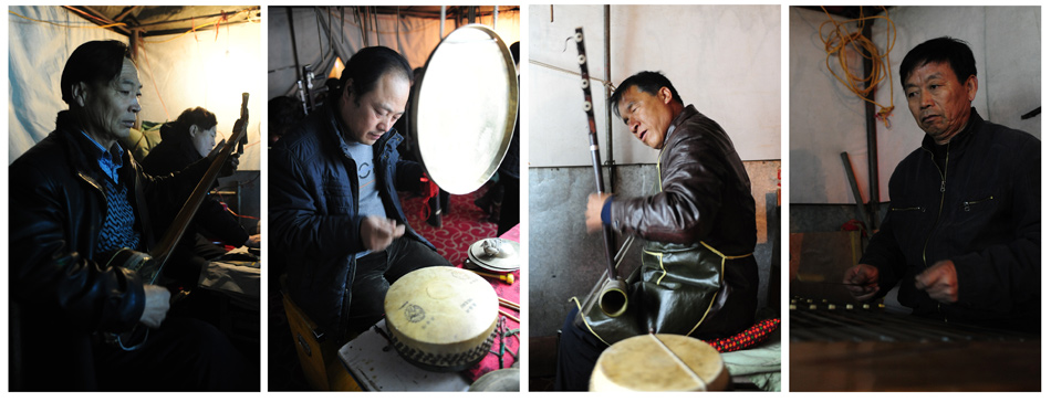 Musicians of shadow play in performance (from left to right: three-string, Bangu, four-string, dulcimer) in Linyuan of Liaoning on Feb. 24, 2013. (Xinhua/Pan Yulong) 