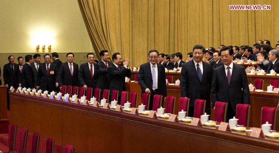 Hu Jintao, Xi Jinping, Wu Bangguo, Wen Jiabao, Jia Qinglin, Li Keqiang, Zhang Dejiang, Yu Zhengsheng, Liu Yunshan, Wang Qishan and Zhang Gaoli walk onto the platform during the opening meeting of the first session of the 12th National Committee of the Chinese People's Political Consultative Conference (CPPCC) at the Great Hall of the People in Beijing, capital of China, March 3, 2013. The first session of the 12th CPPCC National Committee opened in Beijing on March 3. (Xinhua/Li Xueren)