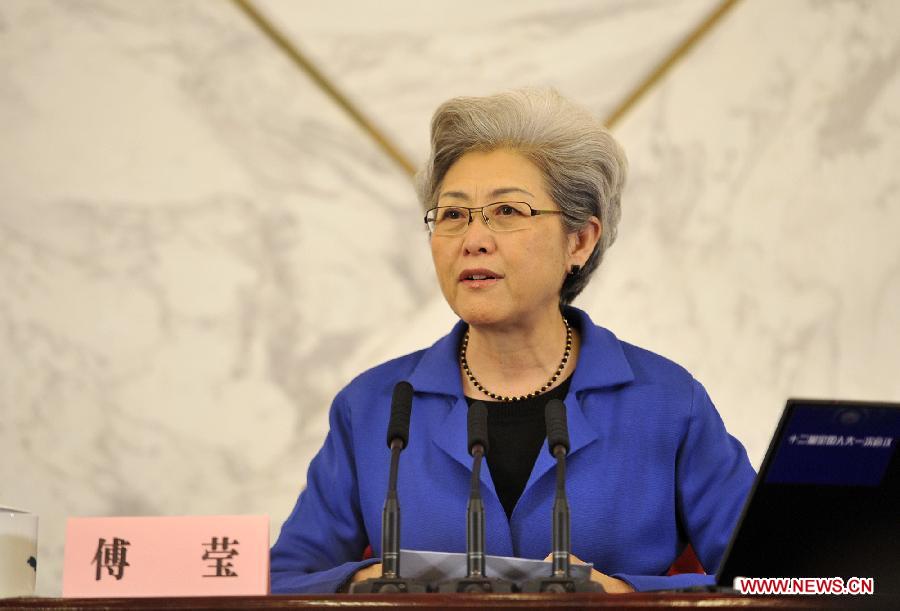 Fu Ying, spokesperson for the first session of the 12th National People's Congress (NPC), speaks at the news conference on the first session of the 12th NPC at the Great Hall of the People in Beijing, capital of China, March 4, 2013. (Xinhua/Wang Peng)