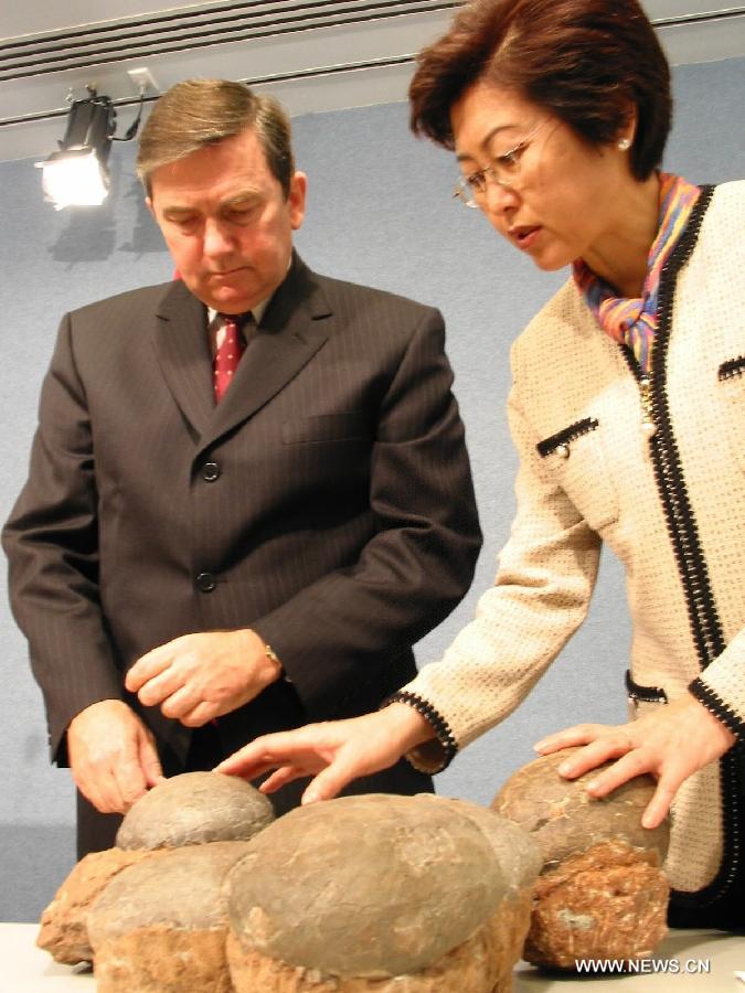 File photo taken on June 21, 2004 shows Fu Ying, Chinese Ambassador to Australia, checks illegally transacted fossil from China seized by Australia while receiving them from Australia government, in Canberra, Australia. Fu Ying debuted at the Great Hall of the People as the spokesperson for the first session of the 12th National People's Congress (NPC) in Beijing, China, March 4, 2013. Born in 1953, the spokesperson was a diplomat of Mongolian ethnic group. Fu had respectively served as the Ambassador to the Philippines, Australia and the UK before she was appointed as Vice minister of Foreign Affairs in 2009. She became the 7th spokesperson of the NPC in March of 2013. (Xinhua)
