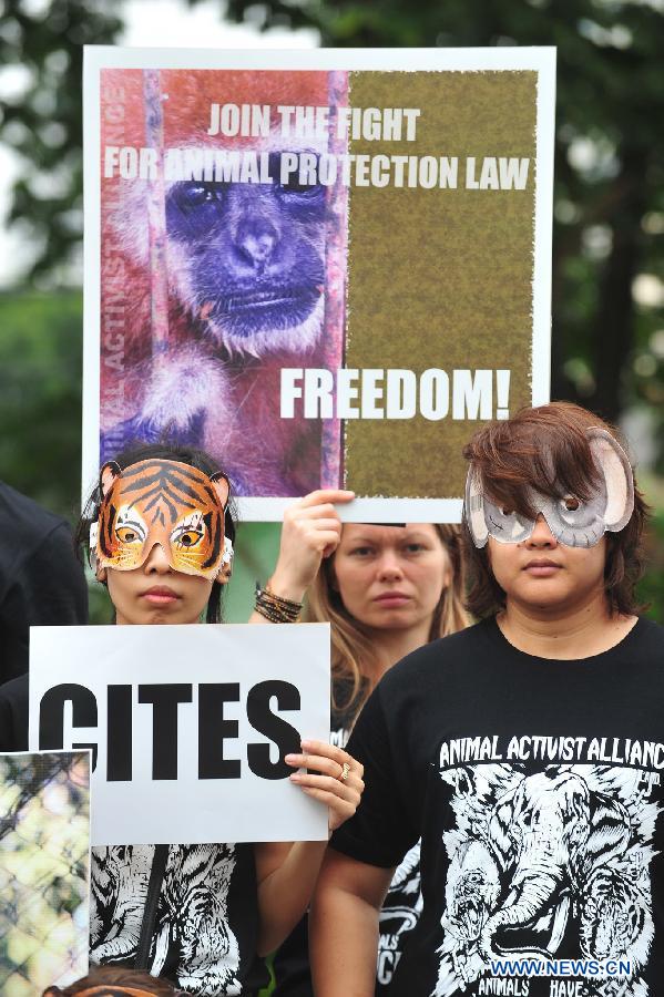 Activists holding placards call for a stop of animal trade at Queen Sirikit National Convention Center in Bangkok, Thailand, March 4, 2013. Curbing the trade in "blood ivory" is at the top of the agenda during a Convention on the International Trade in Endangered Species of Wild Fauna and Flora (CITES), which opens in Thailand on Sunday. (Xinhua/Rachen Sageamsak)