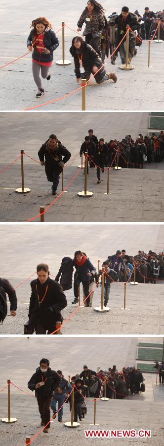 This combined photo shows journalists running in a hurry while entering into the Great Hall of the People in Beijing, capital of China, March 5, 2013. The first session of the 12th National People's Congress (NPC) will open here on March 5. (Xinhua/Xing Guangli)