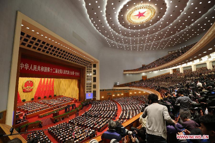 The first session of the 12th National People's Congress (NPC) opens at the Great Hall of the People in Beijing, capital of China, March 5, 2013. (Xinhua/Ding Lin) 