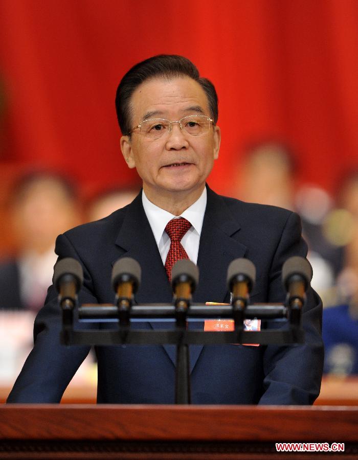 Chinese Premier Wen Jiabao delivers the government work report during the opening meeting of the first session of the 12th National People's Congress (NPC) at the Great Hall of the People in Beijing, capital of China, March 5, 2013. (Xinhua/Huang Jingwen) 