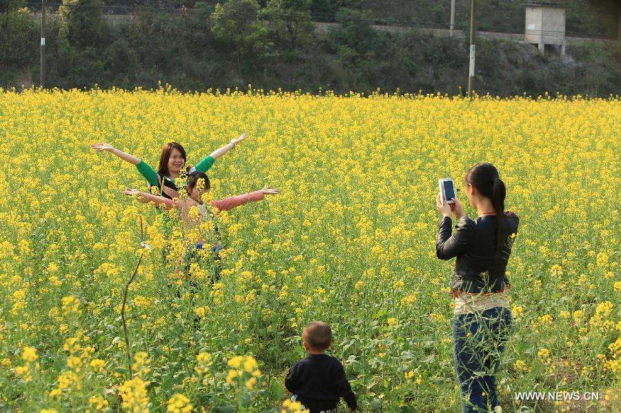 Tourists are seen in the field of rape flowers in Rong'an County of southwest China's Guangxi Zhuang Autonomous Region, March 5, 2013. Rape flowers began to blossom as temperature went up here, attracting large amount of tourists. (Xinhua/Tan Kaixing) 