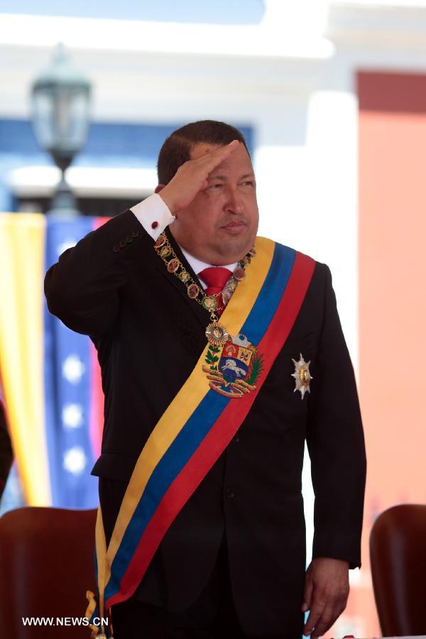 Image provided by the Presidency of Venezuela on Feb. 15, 2012 shows President Hugo Chavez honoring during the ceremony conmemorating the 193 anniversary of the Congress of Angostura at Ciudad Bolivar, Venezuela. Venezuelan President Hugo Chavez died on March 5, 2013 at 16:25 (local time), according to nationally broadcast message by Venezuelan Vice President Nicolas Maduro. (Xinhua/Presidency of Venezuela)