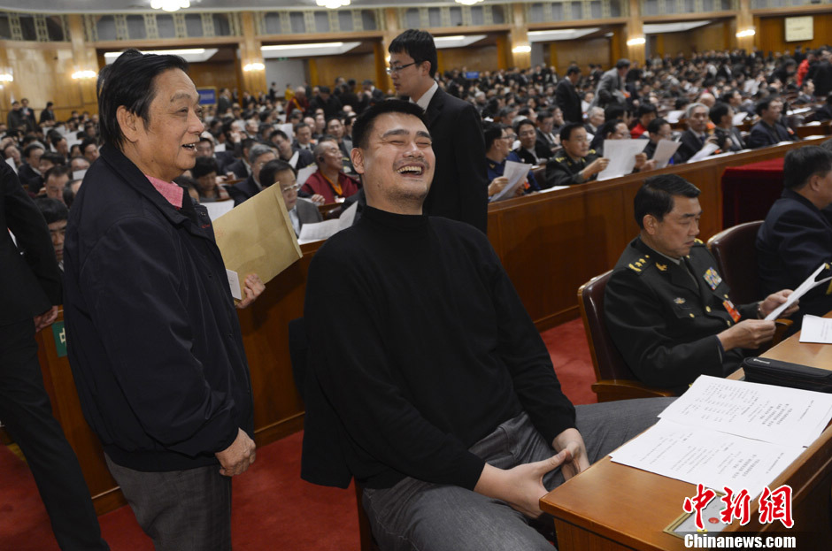 Yao Ming talks to Han Meilin, another CPPCC member during the preparatory meeting of the 12th CPPCC National Committee on March 2, 2013. (Chinanews/Liao Pan)