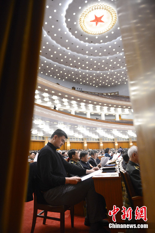 Yao Ming attends the preparatory meeting of the 12th CPPCC National Committee in the Great Hall of the People in Beijing on March 2, 2013. (Chinanews/Liao Pan)