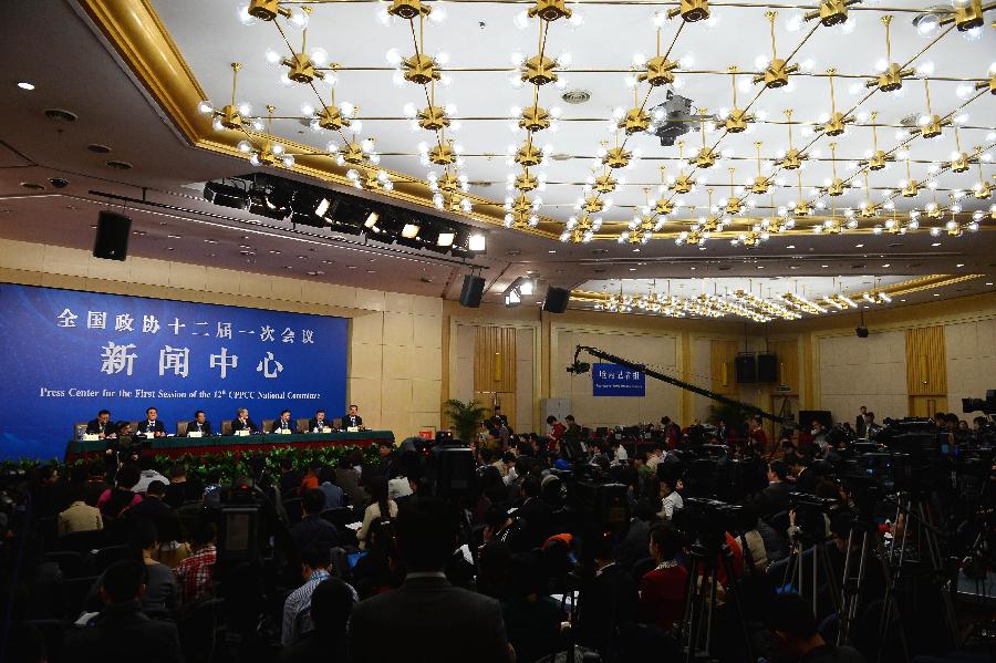 A press conference is held by the first session of the 12th National Committee of the Chinese People's Political Consultative Conference (CPPCC) in Beijing, capital of China, March 7, 2013. Members of the 12th CPPCC National Committee Jia Zhibang, Chen Xiwen, Li Yi'ning, Li Yizhong, Du Ying and Lin Yifu answered questions at the press conference. (Xinhua/Jin Liangkuai)