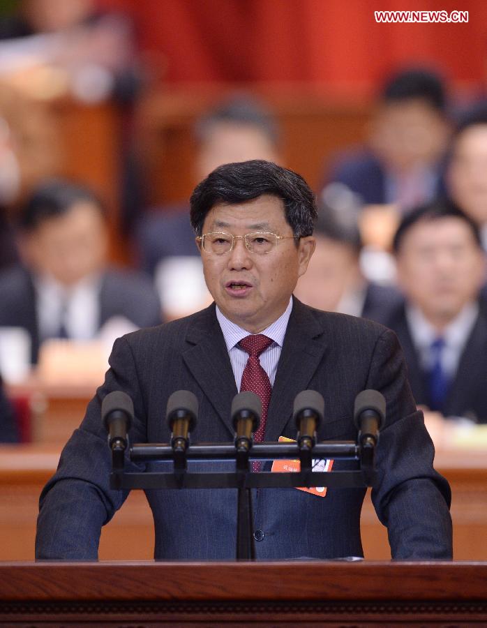 Chi Fulin, a member of the 12th National Committee of the Chinese People's Political Consultative Conference (CPPCC), speaks at the second plenary meeting of the first session of the 12th CPPCC National Committee at the Great Hall of the People in Beijing, capital of China, March 7, 2013. (Xinhua/Wang Ye)  