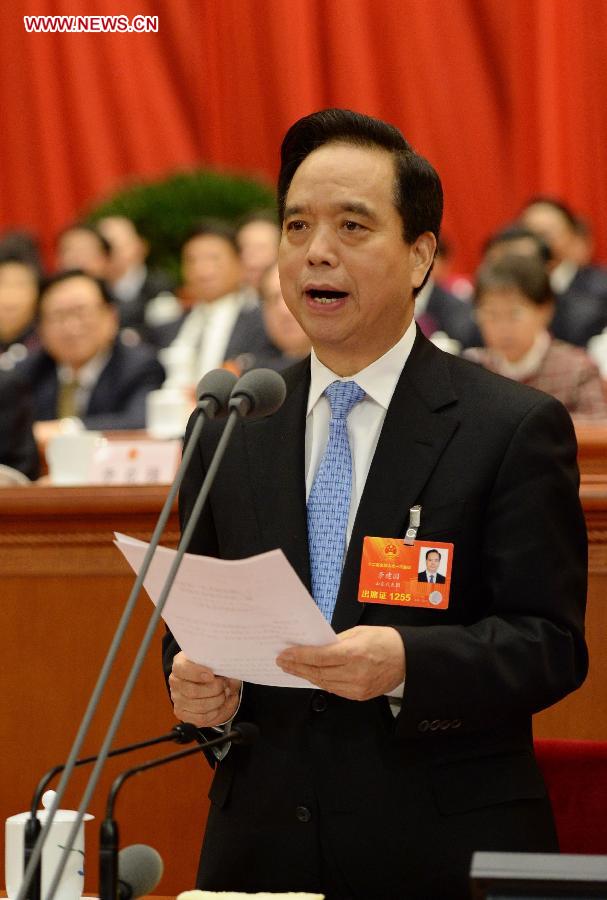 Li Jianguo presides over the second plenary meeting of the first session of the 12th National People's Congress (NPC) at the Great Hall of the People in Beijing, capital of China, March 8, 2013. (Xinhua/Ma Zhancheng)