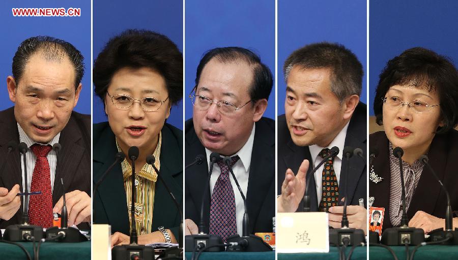 This combined photo shows members of the 12th National Committee of the Chinese People's Political Consultative Conference (CPPCC) (from L to R) Wu Xianning, Jiang Li, Bian Jinping, Shao Hong and Zhen Zhen at a press conference held by the first session of the 12th CPPCC National Committee in Beijing, capital of China, March 8, 2013. They answered questions on improvements in political consultative system. (Xinhua/Wang Shen)