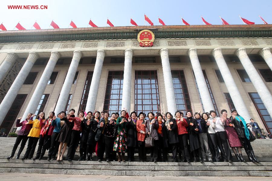 Female members of the 12th National Committee of the Chinese People's Political Consultative Conference (CPPCC) pose for a group photo in front of the Great Hall of the People after the third plenary meeting of the first session of the 12th CPPCC National Committee in Beijing, capital of China, March 8, 2013. Women's presence in China's politics has been increasing in recent decades. The number of female deputies to the 12th National People's Congress and members of the 12th National Committee of the Chinese People's Political Consultative Conference (CPPCC) rise to 699 and 399, reaching 23.4% and 18.4% of the total respectively. (Xinhua/Xing Guangli) 