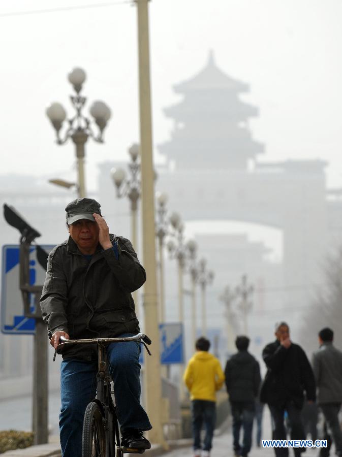A man rides in strong wind in Beijing, capital of China, March 9, 2013. A cold front brings strong wind as well as sand and dust to Beijing on March 9. (Xinhua/Gong Lei)