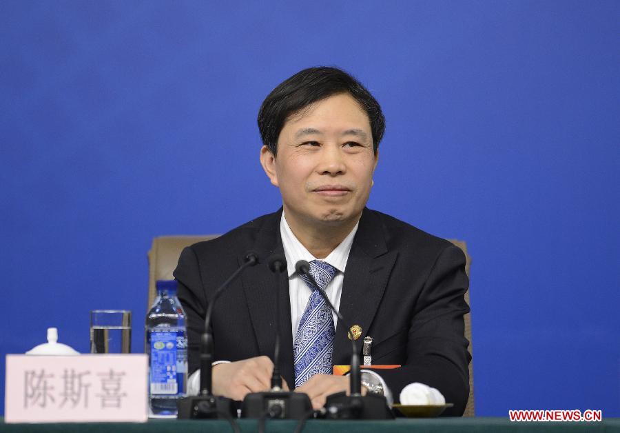 Chen Sixi, a member of the Internal and Judical Affairs Commission of the National People's Congress (NPC) Standing Committee, attends a news conference on NPC's work held by the first session of the 12th NPC at the Great Hall of the People in Beijing, China, March 9, 2013. (Xinhua/Wang Peng)